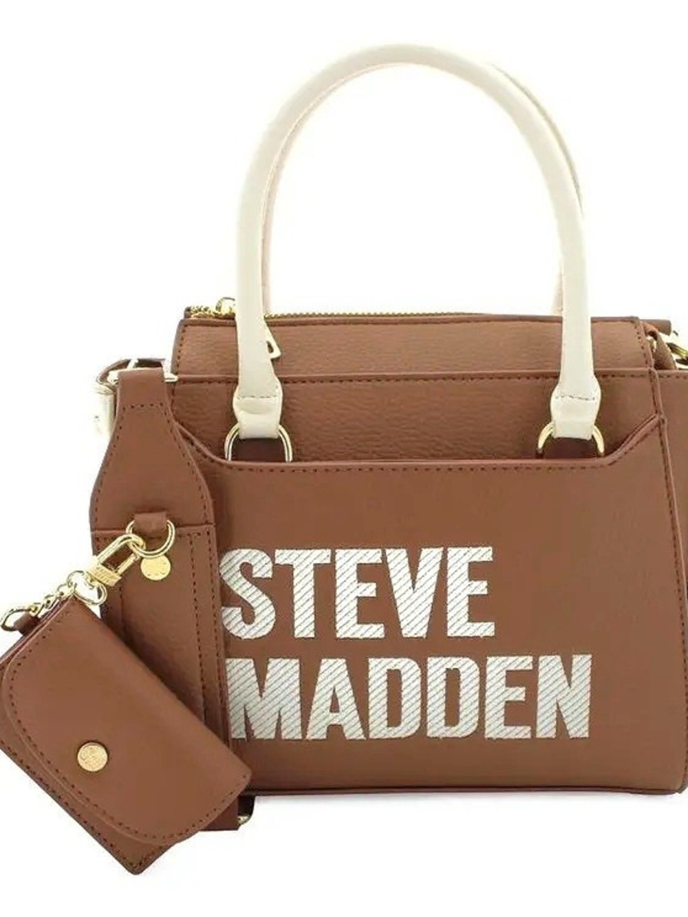 Steve Madden Brown Satchel with Cream Handles and White Logo